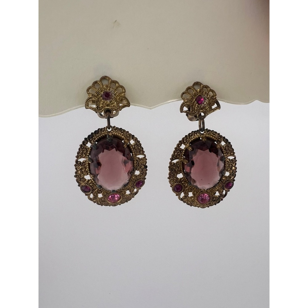 Pink Purple Rhinestone Clip On Dangle Earrings Gold Tone Filigree Lightweight
